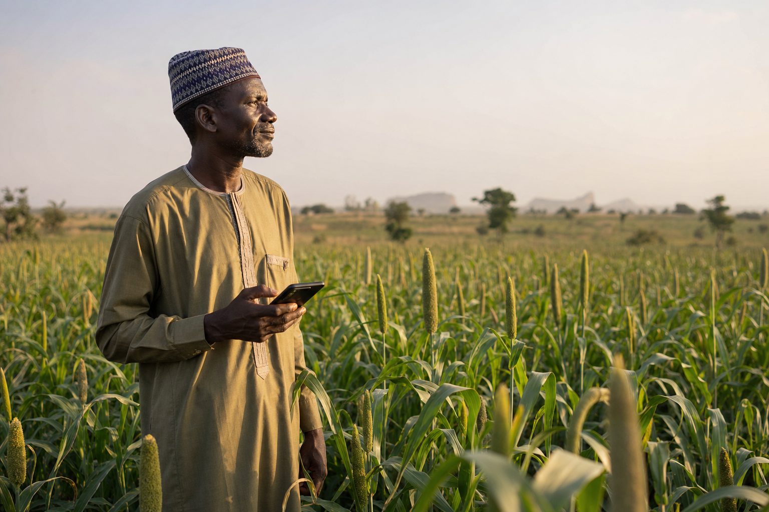 Agriculteur debout dans un champ de mil, smartphone à la main, au coucher du soleil