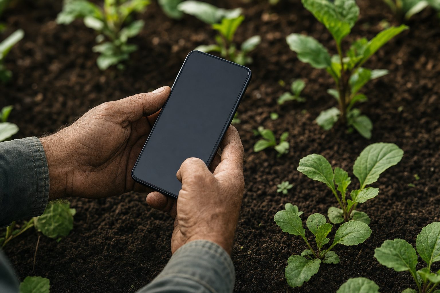Mains d'un agriculteur tenant un smartphone au-dessus de jeunes plants dans une terre sombre