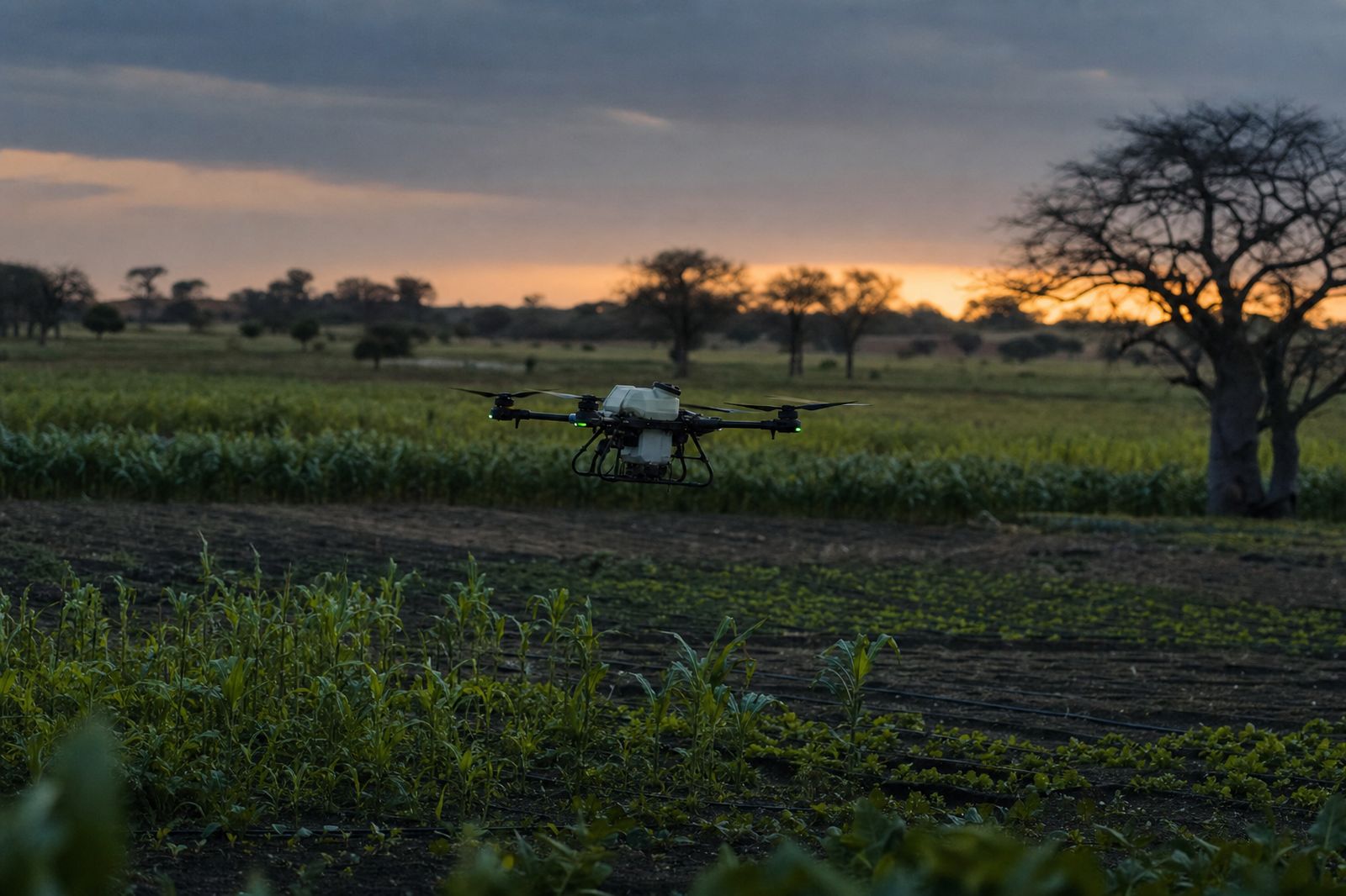 Drone agricole en vol au-dessus de parcelles cultivées au crépuscule